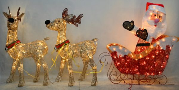 Pre-Lit Sisal Santa and Reindeer Outdoor Decoration